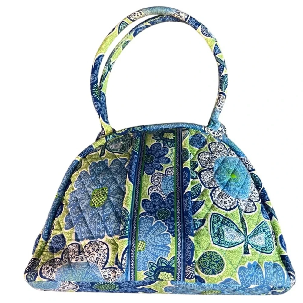 Vera Bradley Blue Lagoon Kisslock Satchel Quilted Floral Handbag Blue Green